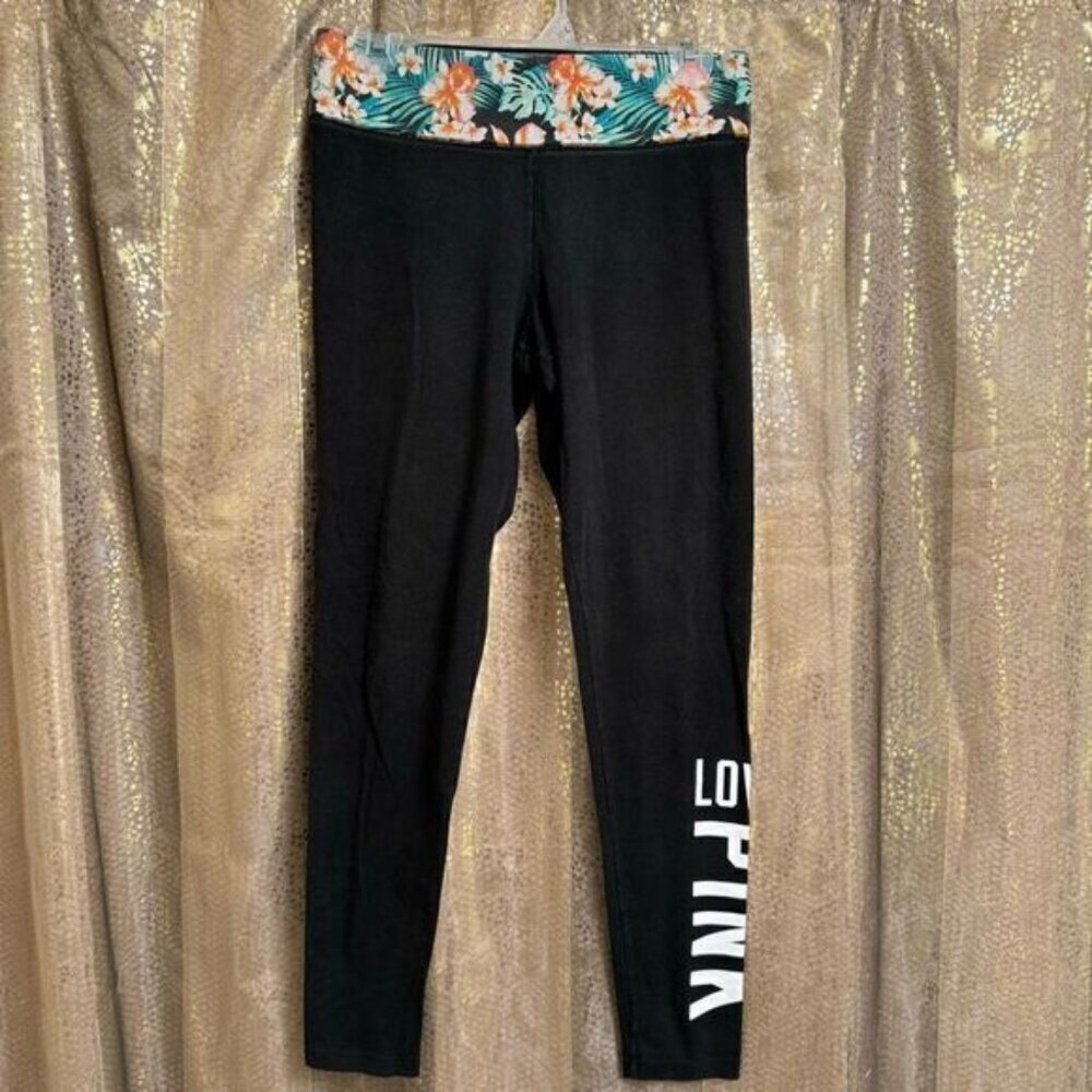 PINK Victorias Secret Black Tropical Floral Love Pink Yoga Leggings Medium